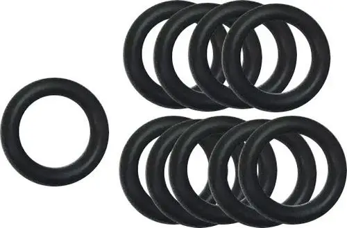 Schwarze O-Ringe in verschiedenen Größen, gruppiert auf hellem Hintergrund. Die Ringe weisen einen gleichmäßigen Querschnitt auf und stammen von der Marke Bosch.